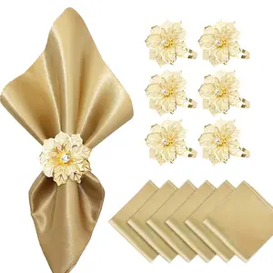 6pcs  Cloth Napkins and 6pcs Napkin Rings, Set of 12, 17x17 Square Satin Dinner Table Napkins Rings Flower Christmas Napkins Bridal Shower Wedding Cocktail Floral Napkins for Wedding Reception Party Decorative (Gold, white, champagne)