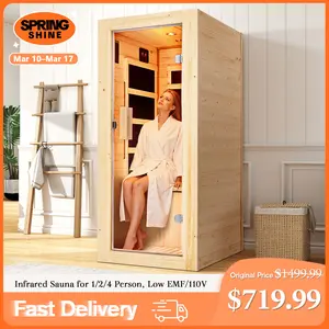 AMERLIFE Infrared Sauna for 1/2/4 Person, Low EMF 930W/110V&1463W/110V&2145W/110V Hemlock Wood Sauna with Tourmaline Foot Warmer, 7-Color Light Therapy, Salt Crystal Bricks, Easy Assembly