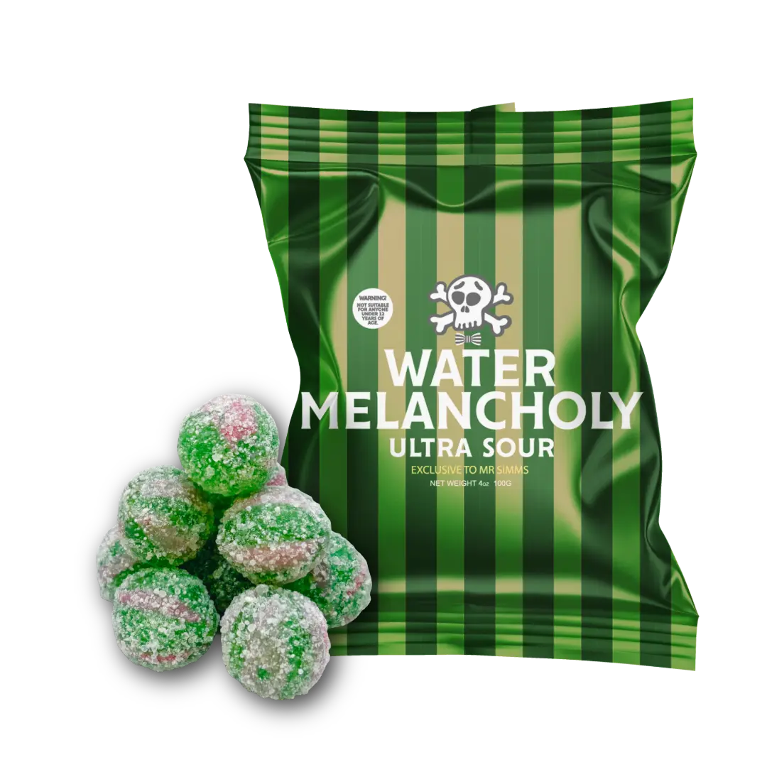 Mr. Simms Melancholy Watermelon Ultra Sour Chewy Candy Snacks with Sugar, Xanthan Gum, Youth Appeal, Fruity Flavor, Citrus Acids, and E102 (Yellow 5)