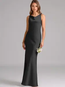 Azazie Allettie Mermaid High-Cowl Sleek Backless Wedding Guest Evening Satin Dress