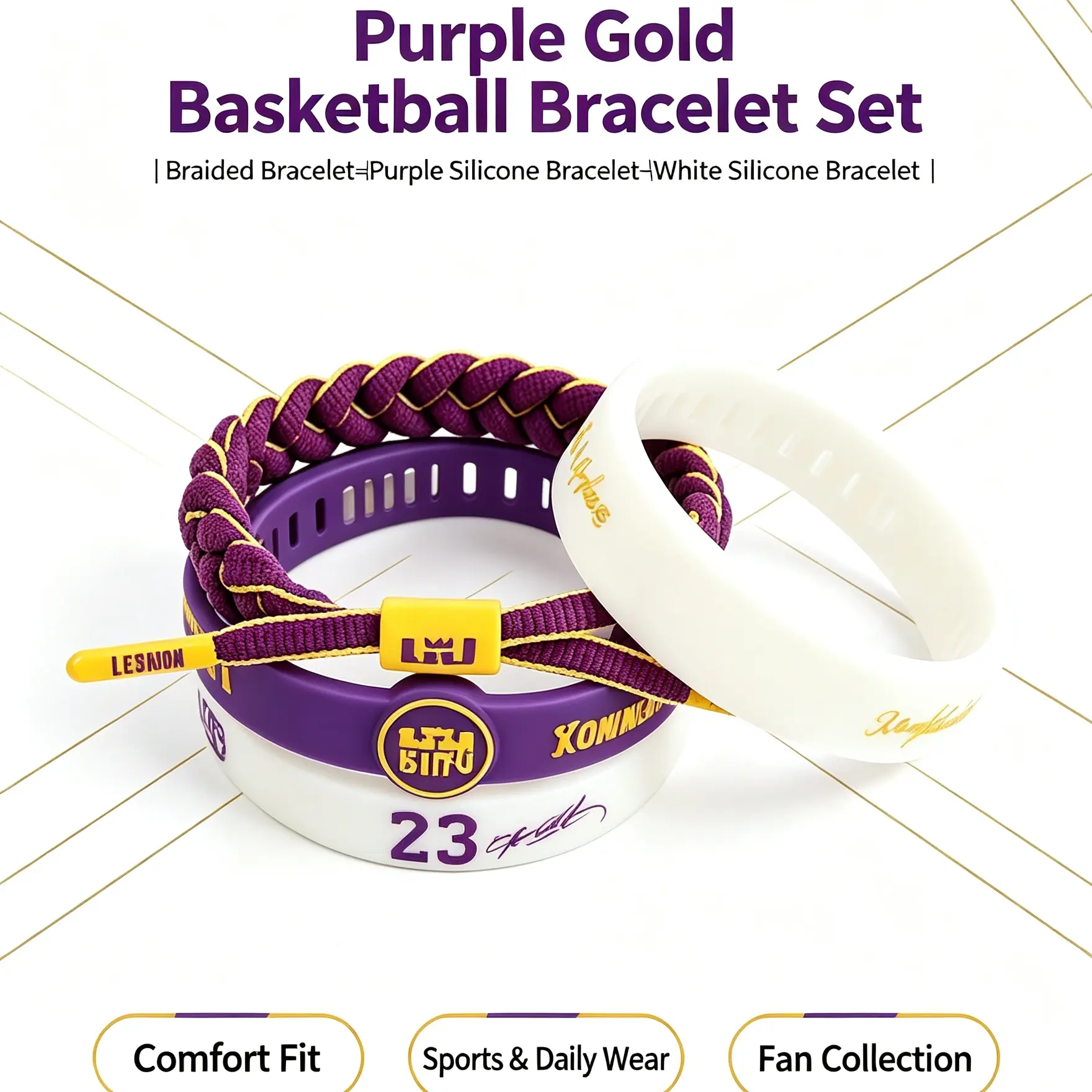 Silicone Bracelet Accessories, 3-Pack Shoelace Style Elastic Bands for Basketball Fans with Player Designs, Adjustable Set, Bracelet Set, Fashionable Bracelet