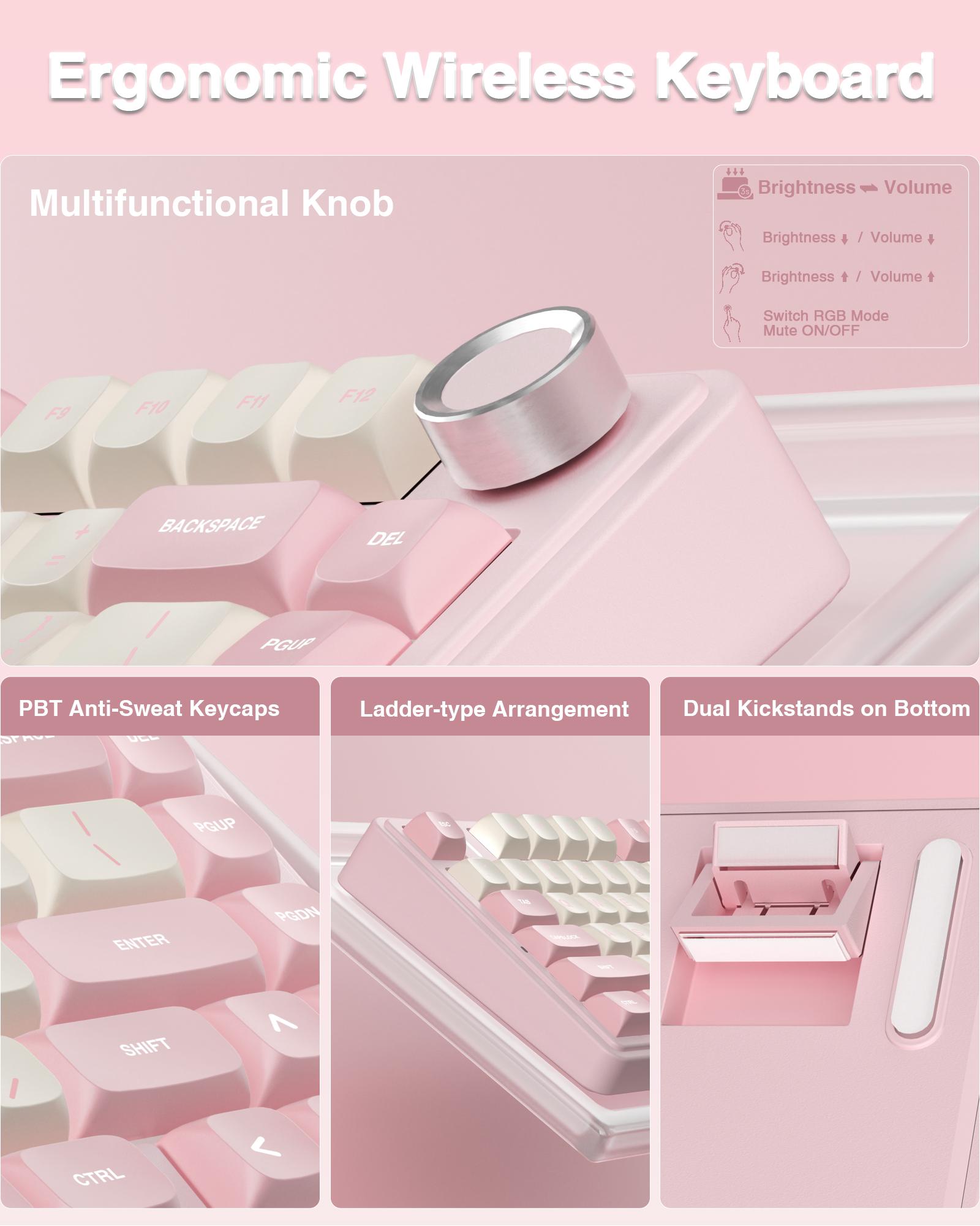 AULA F75 Cute Pink 75% Mechanical Wireless Keyboard – Creamy Sound, Pastel Desk Setup Aesthetic, Wireless Tri-Mode, Hot Swap, RGB Backlit Keyboard for Girls