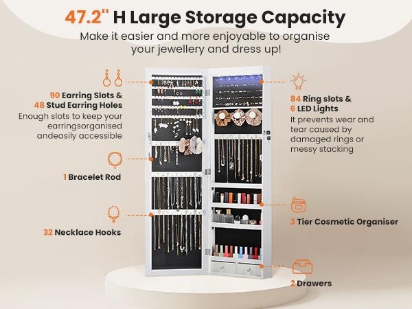 HomeSquad Full-Length Mirror Jewelry Cabinet, Wall or Door Mount, Organizer Armoire with Built-in Makeup Mirror, Lockable Storage with 2 Drawers