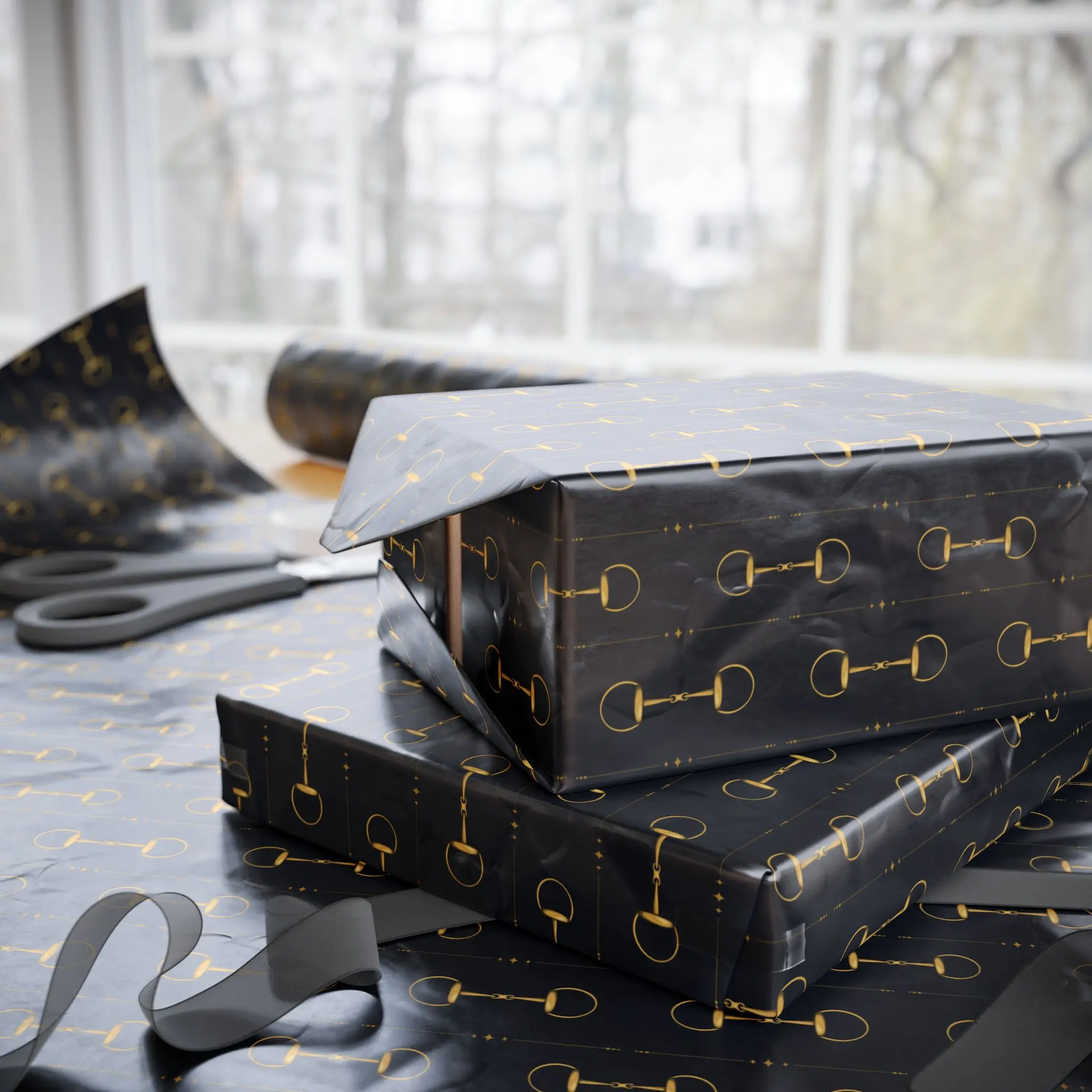 Navy & Gold Equestrian Snaffle Wrapping Paper, Gloss or Matte Finish Elegant Luxury Gift Wrap