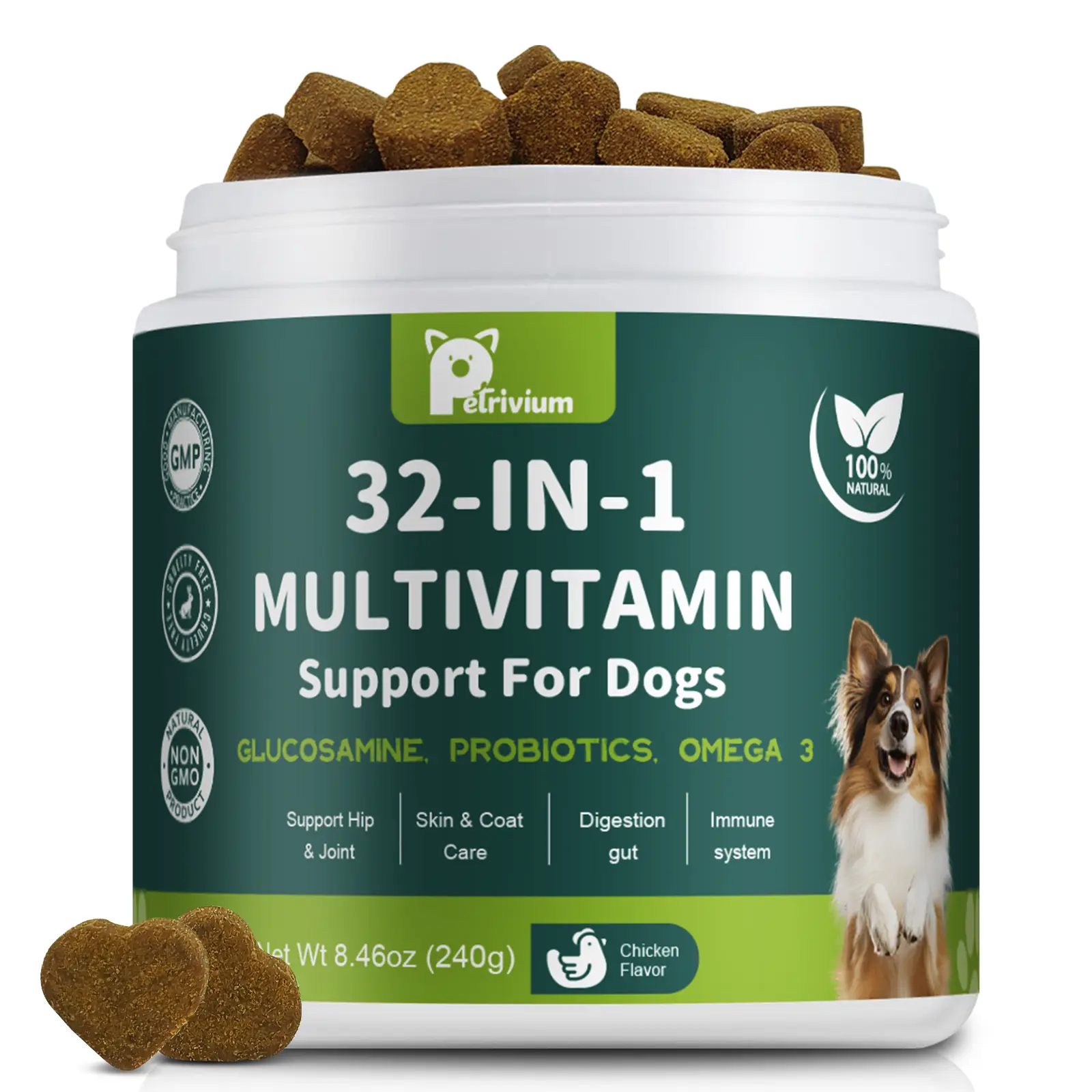 Petrivium 32-in-1 Canine Nutritional Supplement Soft Chews (120 Count) - Dog Chewable with Glucosamine, MSM, Omegas 3 & 6, Probiotics for Hip & Joint Health, Skin & Coat Support, Immune Boost sohochic