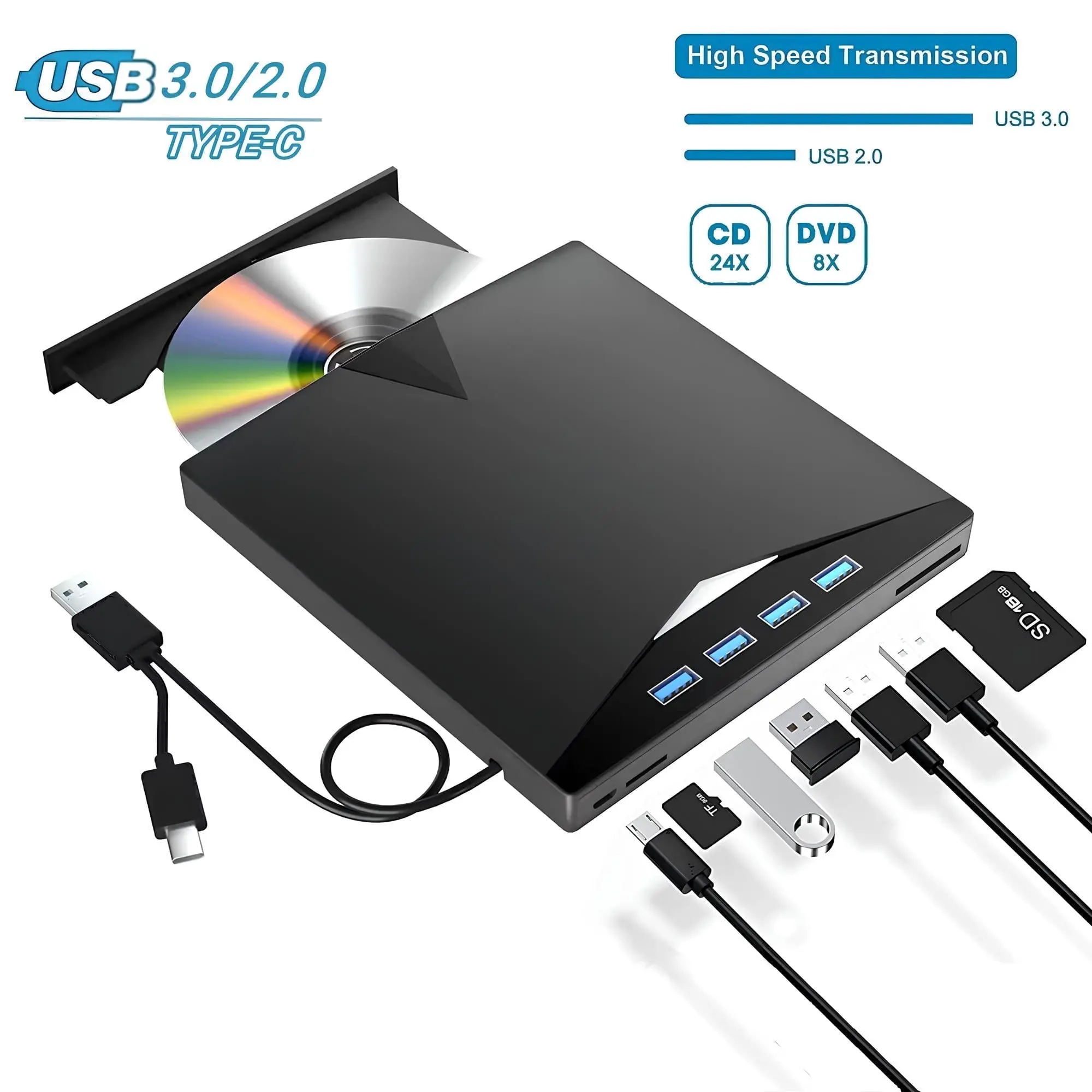 External CD DVD Drive for Laptop & Desktop , [7 in 1] USB 3.0 Type-C External DVD Player, Portable CD/DVD ROM Burner with TF/SD Card Slots backtoschool