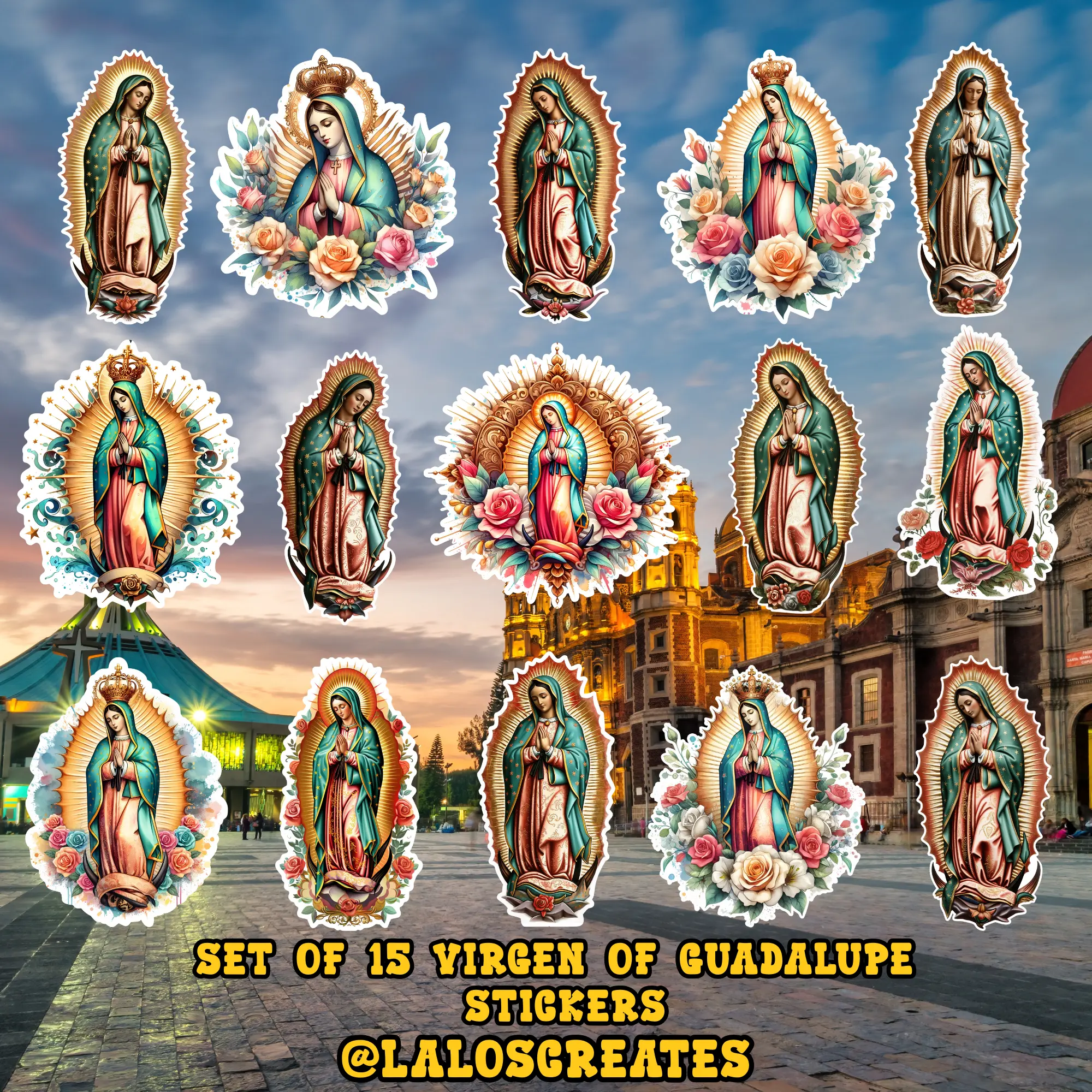 Virgen of Guadalupe Set of 15 Stickers Water Resistant Vinyl Decals For Tumbler Laptop Phone