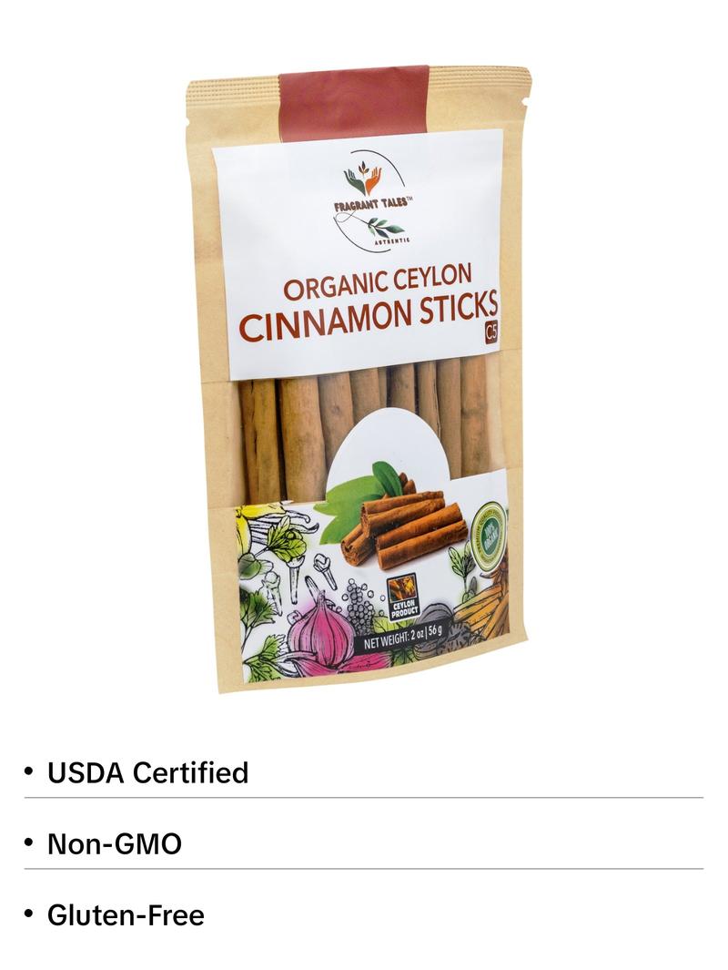 Premium Organic Ceylon Cinnamon Sticks - 2 oz (56g)( 7 - 9, 5" sticks), True Ceylon, USDA Certified, Non-GMO, Gluten-Free, Pure Sri Lankan Cinnamon for Cooking & Baking Premium Organic Ceylon Cinnamon Sticks - 2 oz (56g)( 7 - 9, 5" sticks), True Ceylon, USDA Certified, Non-GMO, Gluten-Free, Pure Sri Lankan Cinnamon for Cooking & Baking