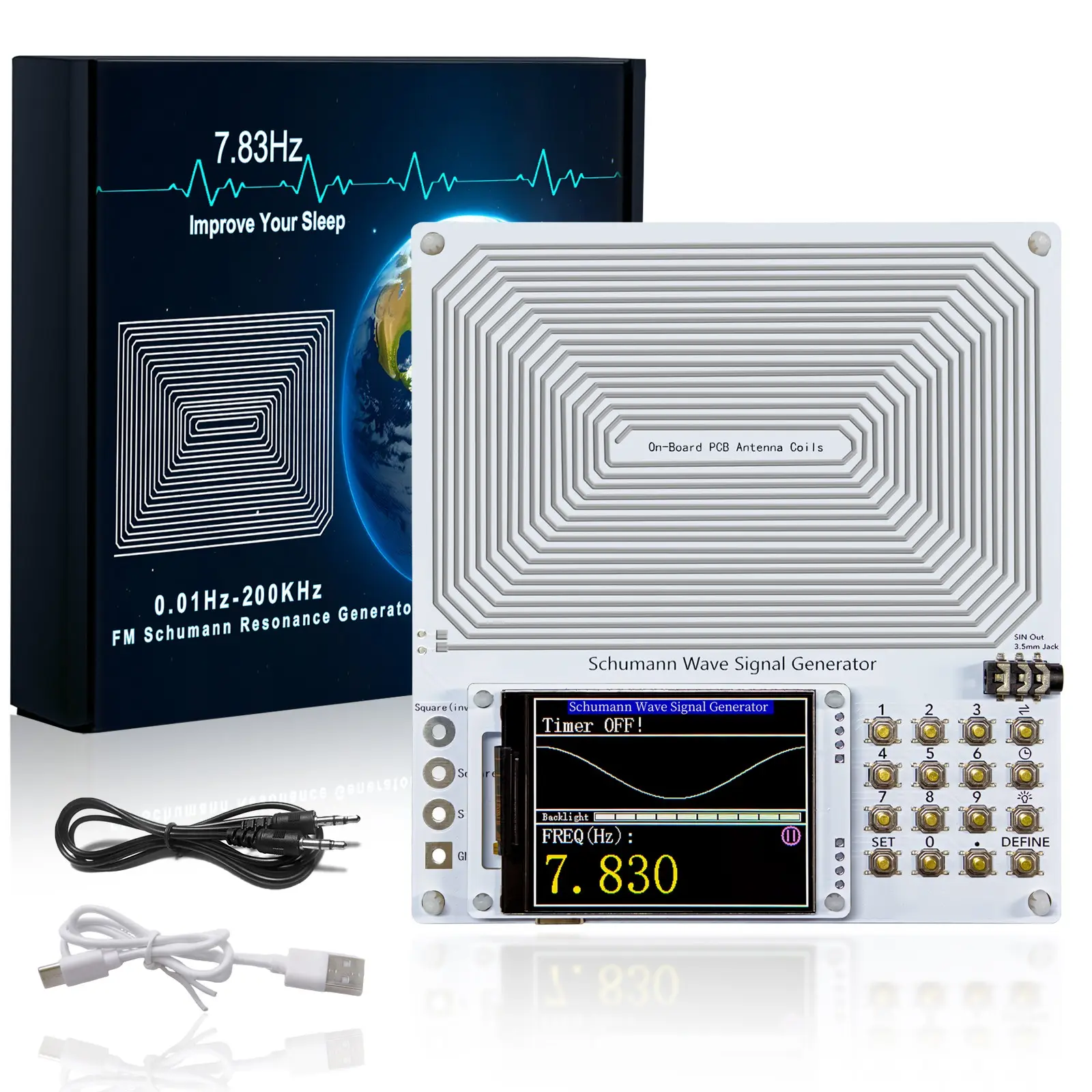 Frequency Generator Instruments with Timer, Button and LCD | 0.001Hz-200kHz Adjustable Schumann Wave Resonance Generator, Suitable for Deep Sleep, Stress Relief, Meditation and Yoga | USB Type-C Powered | White/Black/Green