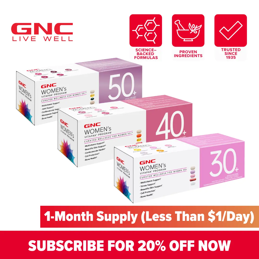 GNC Age-Based Vitapaks Program for Women - 30+/40+/50+ Daily Packs for Overall Wellness with Multivitamin, Stress Support, Beautiful Skin, Bone Health & Omega-3s