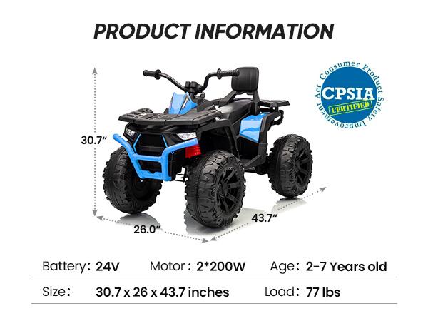 Hikiddo Kids ATV 4-Wheeler with 2 Seater, 24V Ride on Toy for Big Kids , 400W Motor, Bluetooth