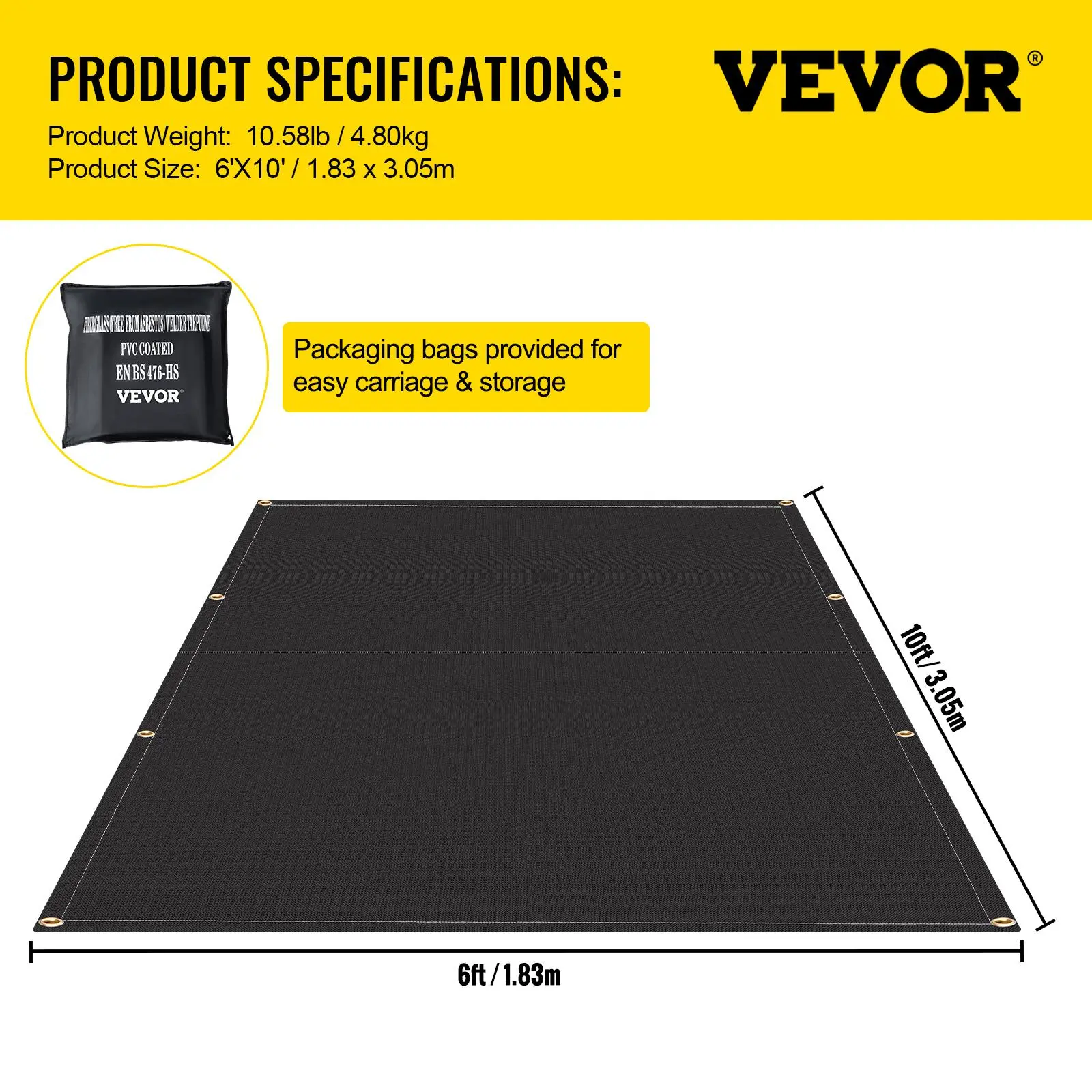 【Backtoschool】VEVOR Fire Blankets, 2 Pack Welding Blankets, 6\' x 10\' Fire Suppression Blanket, 1022 °F Flame Retardant Blanket, Black Fire Emergency Blankets, Fiberglass Fire Retardant Blanket with 8 Brass Gromme