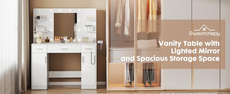 Vanity Desk with Adjustable Lighten Mirror & Power Outlet, Makeup Desk for Bedroom with a Storage Stool and 3 Drawers, 4 Storage Shelves, White Dresser