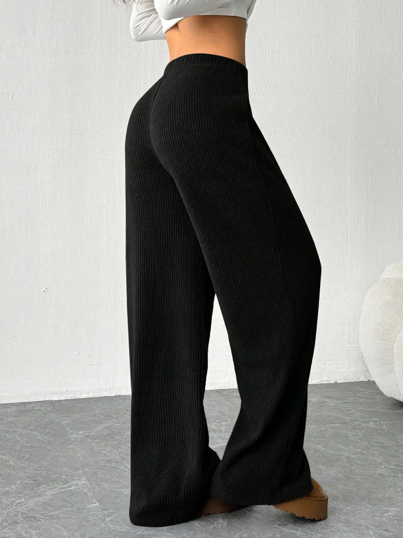Women's Ribbed Knit Wide-Leg Pants - Chic Casual Loungewear with Elastic Drawstring Waist (S Size Available)