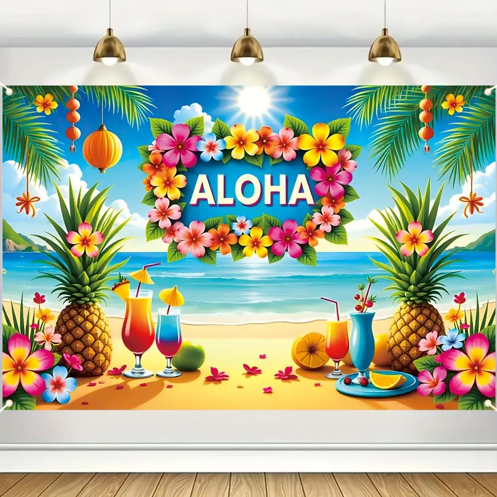 1-Piece Reusable Aloha Banner, 59"x39" Durable Polyester Tropical Backdrop with Colorful Print, Ideal for Hawaiian Happy Birthday Party Decorations, Home Supplies