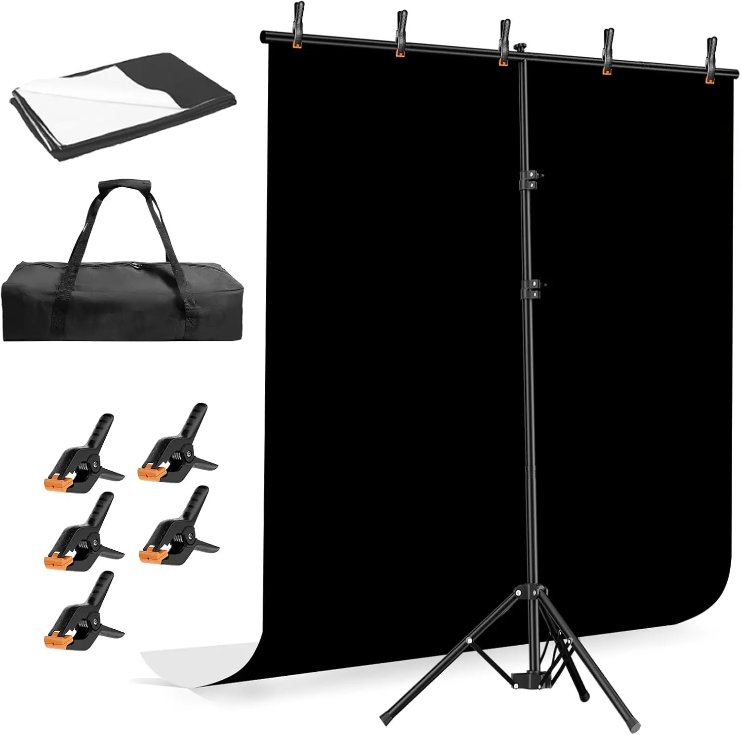 EMART Adjustable Folding Tripod Photography Backdrop with Stand Kit, 6.5x5ft Detachable 2-in-1 Reversible Black & White Background Screen, Portable T-Shape Rubber Support & 5 Clamps for Video Recording