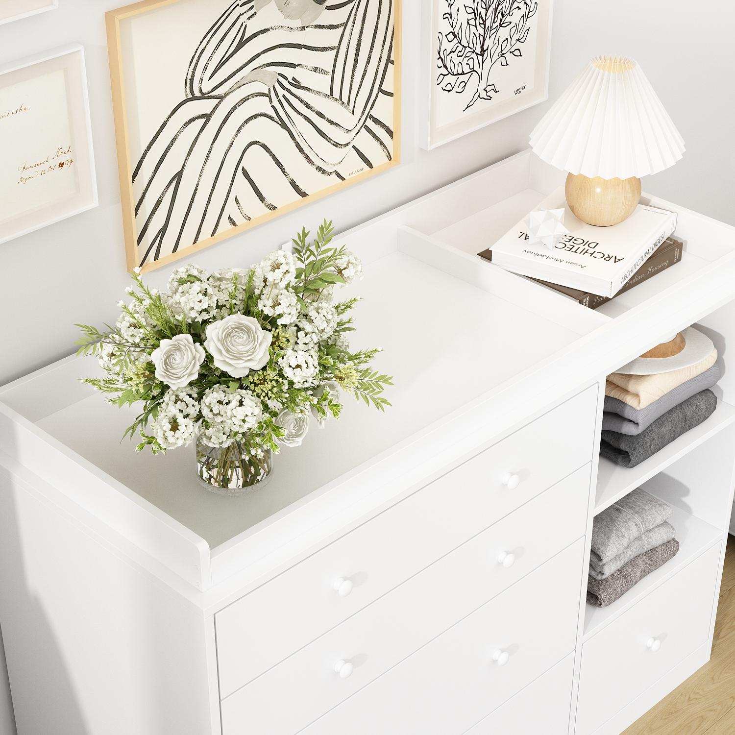 FUFU&GAGA 5-Drawer Dresser with Open Shelves, Modern White Chest of Drawers with Knobs, Storage Cabinet for Bedroom & Living Roomfor the Bedroom Furniture Organizer