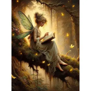 Fairy Tales Art Print,Forest Fairy Sitting On Branch Reading A Book,Vintage Sprite Fairycore Painting,Moody Wall Art Picture ,Enchanted Forest Room Decor Unframed K