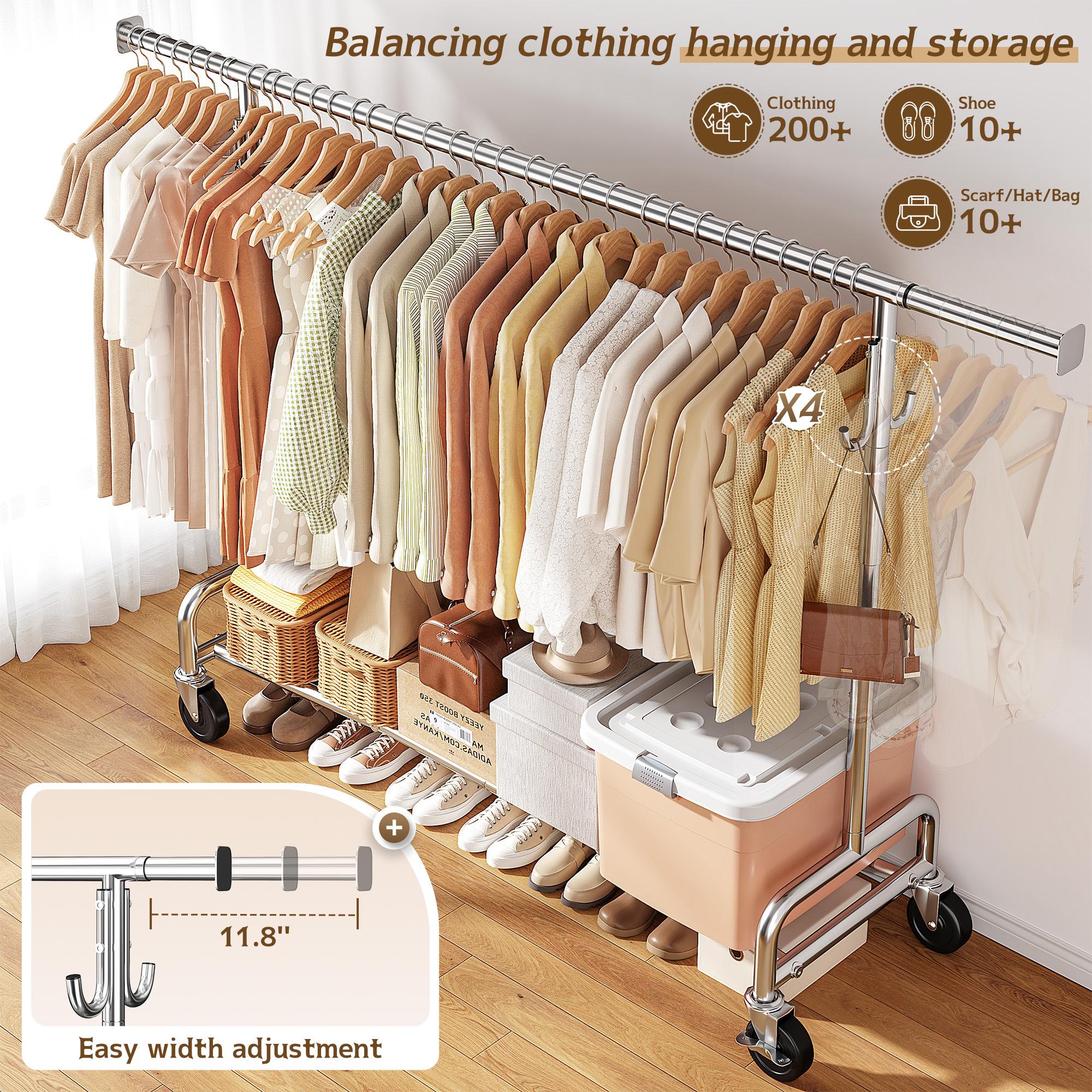 BePatio Clothing Rack for Drying,  Extendable & Height Adjustable Coat Clothing Rack with 4 Hooks for  Bedroom,Laundry,Outdoor,Clothing Store, Clothes Racks for Closet Holds Up to 220LBS,Portable Rolling Garment Rack with Lockable Wheels