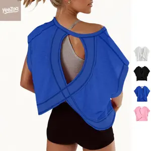 YeeZaa Oversized Open Back Workout Top for Women 2026 Spring Summer Loose Fit Athletic Crop Tee Short Sleeve Backless Yoga Shirt Slouchy Running Gym Tee Casual Y2K T Shirt Cutout Cutout