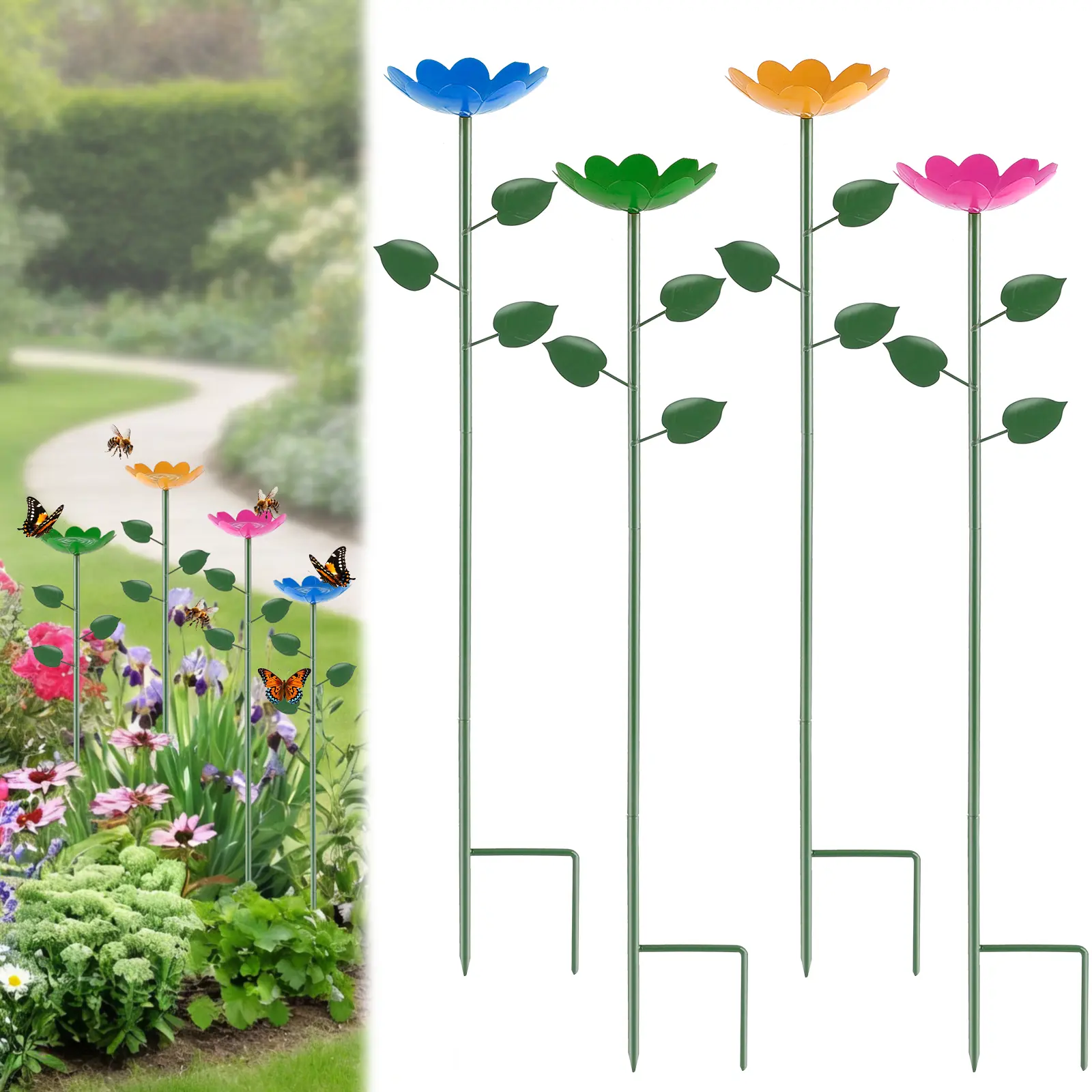 Bee Watering Station with Larger Capacity, 4 Pack Colorful Bee Water Feeder, Durable Metal Butterfly Bee Baths for Garden, Bee Cups with Flower Design for Outdoor Garden Decor