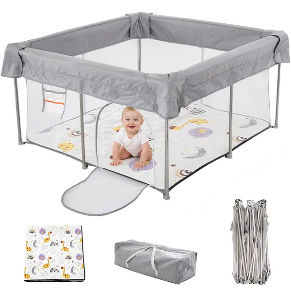 Foldable Baby Playpen 47x47 Inch with Mat and Carry Bag Portable Collapsible Play Pen for Babies & Toddlers Indoor Outdoor Durable Oxford Fabric suction cups Travel Play Pen