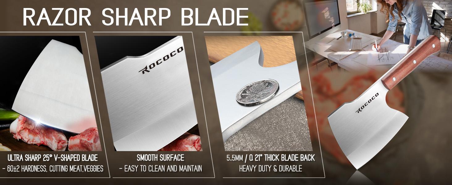 ROCOCO Meat Bone Cleaver Knife for Heavy Duty Butcher Axes - Hand Forged Full Tang Chopper, Silver, Ideal for Kitchen Use