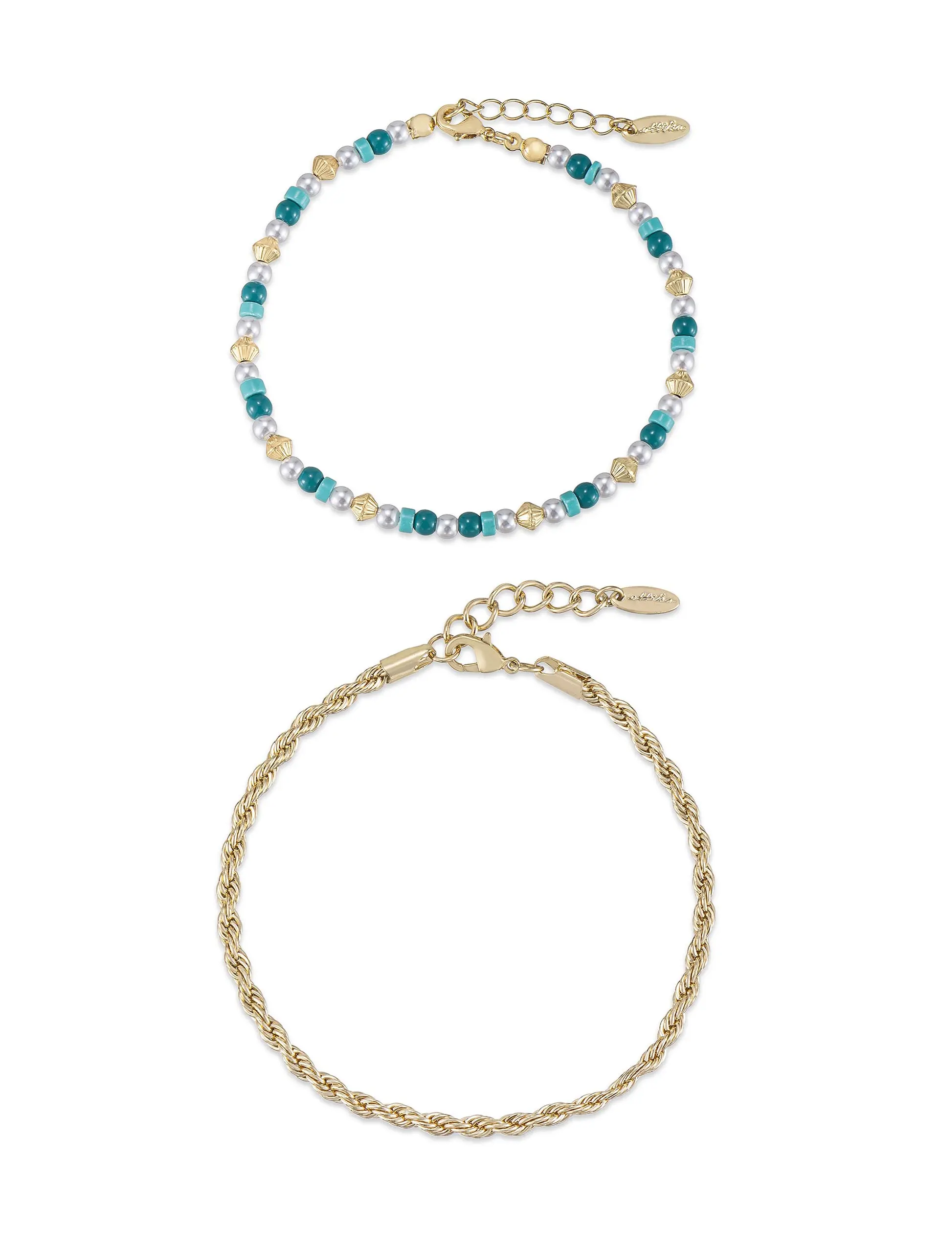 Ettika Seaside Turquoise and Pearl Anklet Set for Women 18k Gold Plated Steel Acrylic Pearl Reconstituted Turquoise Stackable Bracelets