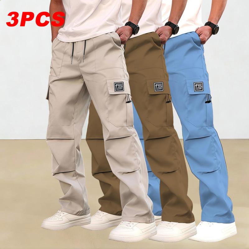 Men's multi-pocket work pants, 3-pack, suitable for all seasons and machine washable; mid-rise with drawstring closure; non-stretch polyester fabric; casual wear with pockets; versatile cargo pants