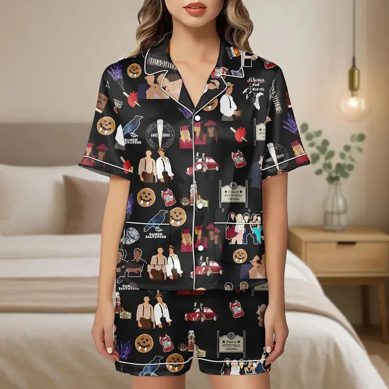 The Vampire Diaries Pajama Set, Damon Salvatore Satin Sleepwear, Mystic Falls Lounge Wear, Vampire TV Series Nightwear, Fan Gift for Women