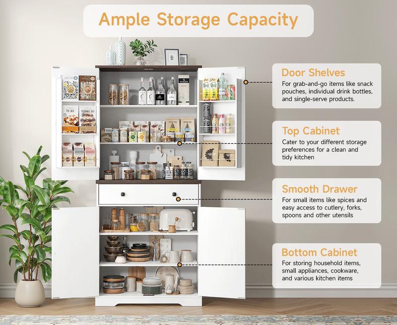 【Valentine's Day Gift】ONBRILL 71" Tall Farmhouse Kitchen Pantry Cabinet with 6 Door Shelves & Drawer Wood Storage Cabinet 2 Adjustable Shelves 4 Barn Doors Freestanding Cupboard for Kitchen Dining Room