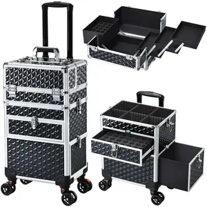 Rolling Makeup Case with Drawers 4 Tray Makeup Travel Case on Wheels Salon Barber Case Traveling Cart Trunk for Cosmetology Nail Tech Hairstylist