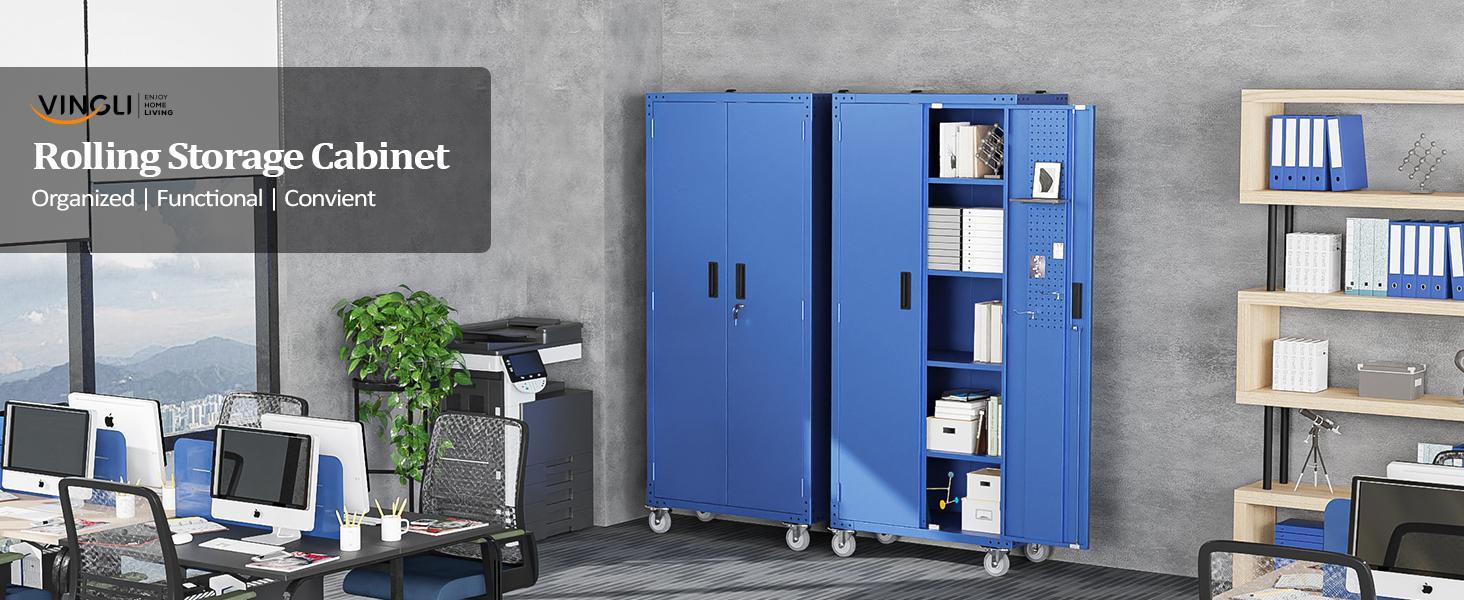 VINGLI 72'' Tall Metal Garage Storage Cabinet with Pegboards, Wheels, Locking Doors and Adjustable Shelves, File Cabinet/Tool Cabinet for Home Office/School (Blue, 32W x 16D x 72H)
