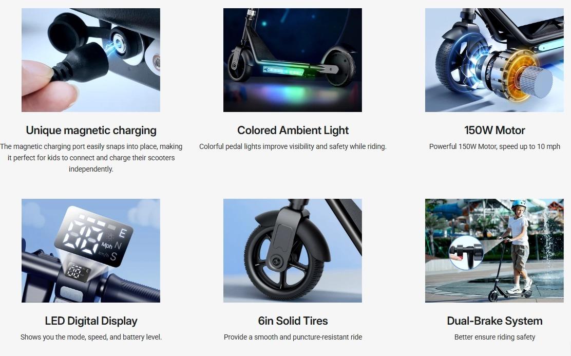 【Kids Love It!】Kids Electric Scooter with LED Display, ‎6' Solid Tires, 10MPH, 150W Motor, 154lbs Max Load, Electric Kids Scooterwith LED Display for Kids Ages 6-14