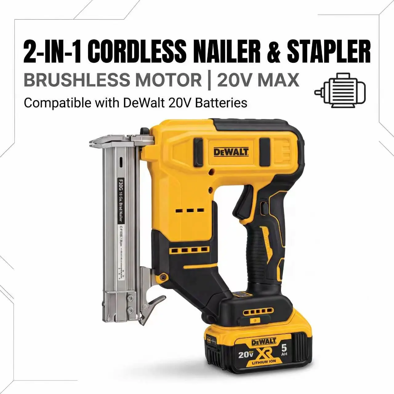 F30 Series 2-in-1 Cordless Brushless Motor 18-Gauge Brad Nailer & Crown Stapler (Tool Only) - Compatible with DeWalt 20V MAX Battery, Aluminum Core, for Woodwork Tasks