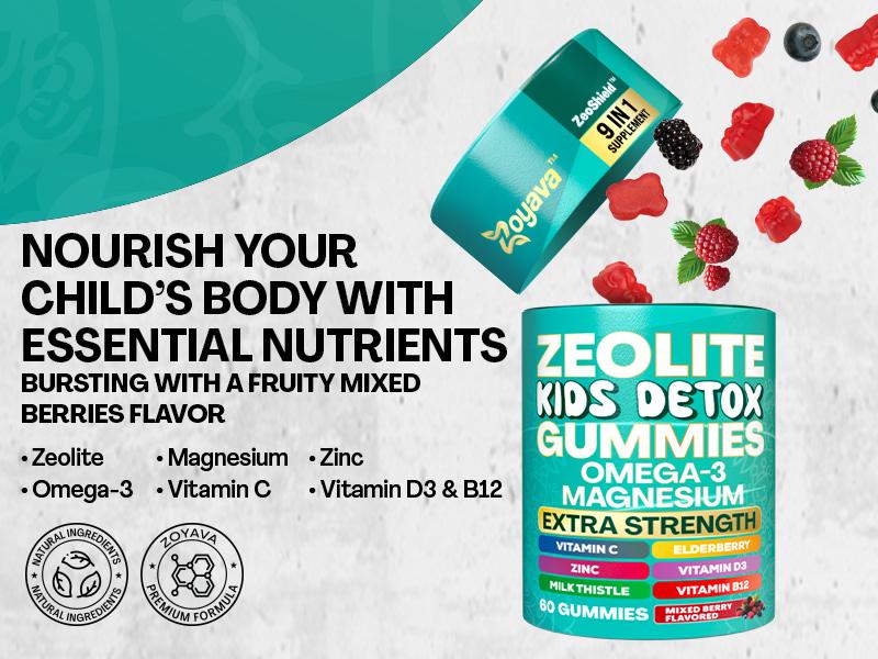 Zeolite Kids Detox Gummies (Mixed Berry Flavor) - Zoyava 9-in-1 Kid Supplement for Brain, Immune, Vitamin, and Overall Healthcare - 60 Edible Gummies - Made in USA - (For Ages 3+)