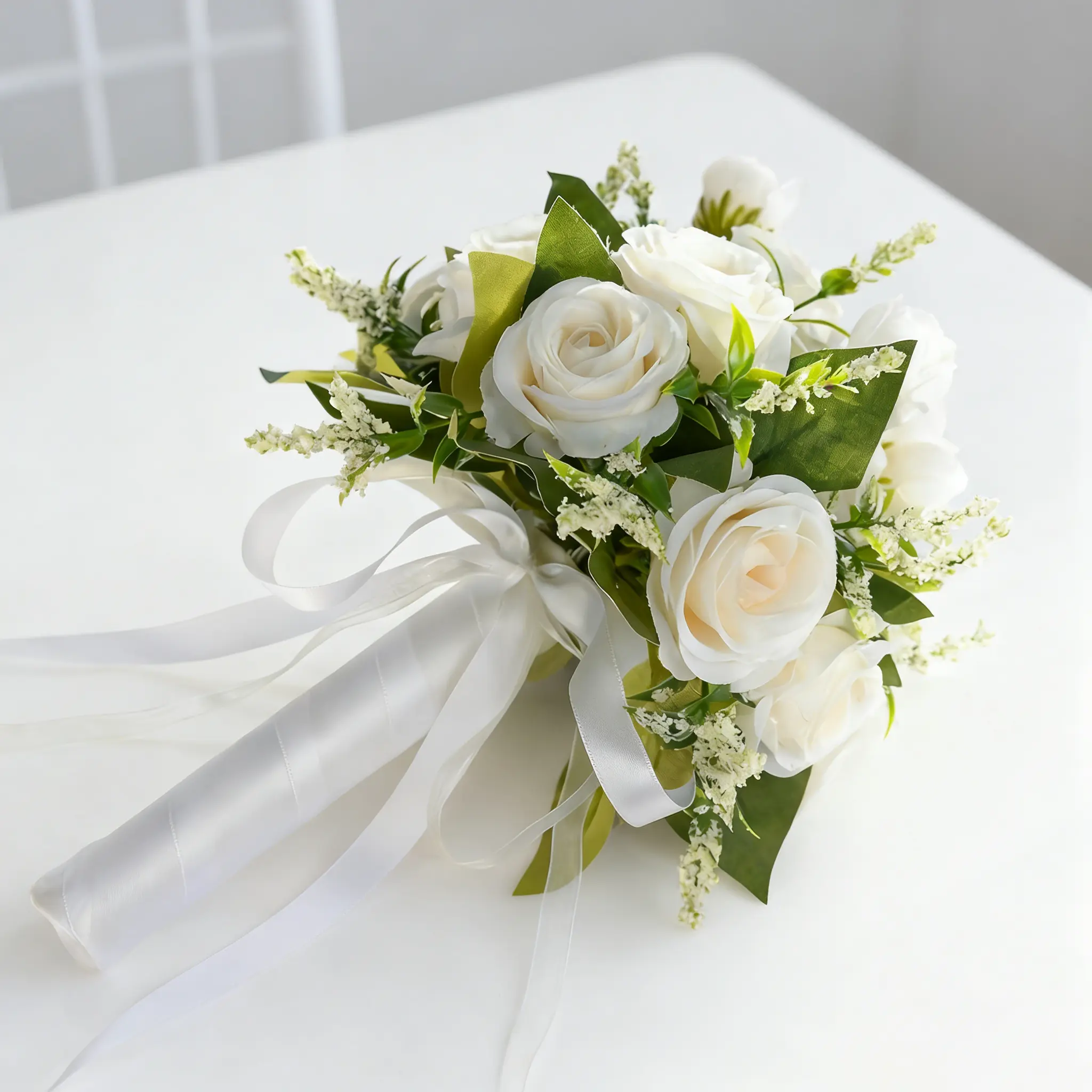 White Rose Handheld Silk-Plastic Artificial Bouquet - Artificial Roses, Faux Flower Decorations, Floral Decor, Sentimental Daily Gift for Bride Wedding Decor, Photography Prop, Sentimental Gift