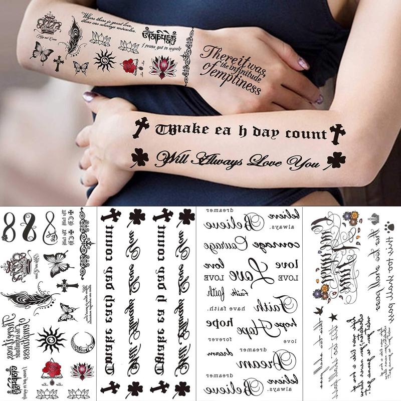 18 Sheets Black Inspired Quotes Temporary Tattoos For Women Kids Children Long Lasting Letter Alphabet Words Fake Tattoo Stickers Birds Cross ECG...