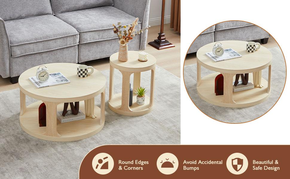 Giratree Coffee Table and End Table Set of 2, Round Coffee Table with 2-Tier Storage, Accent Side Table for Living Room Giratree Coffee Table and End Table Set of 2, Round Coffee Table with 2-Tier Storage, Accent Side Table for Living Room