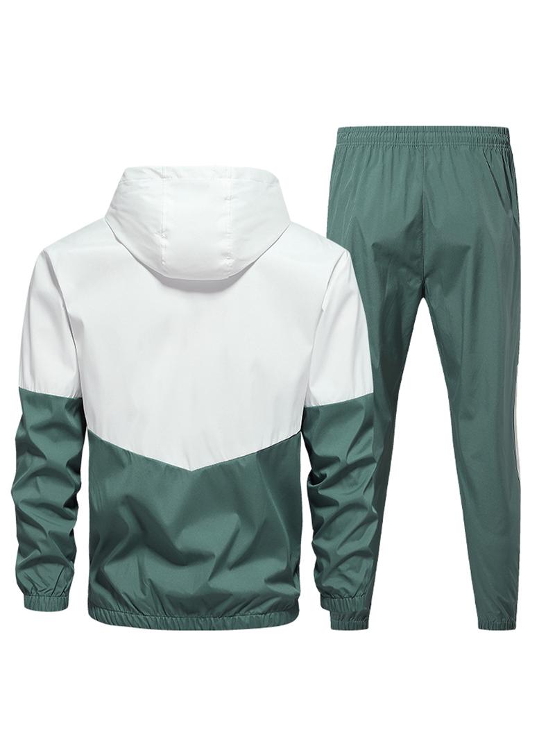 A sports and street photography two-use color-blocked hoodie jacket set, side white stripe slimming pants, trendy, versatile, comfortable, and breathable.