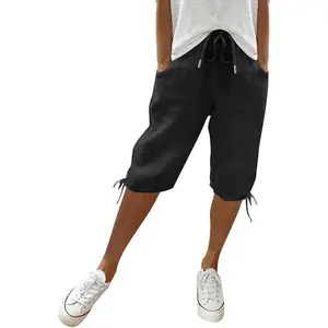 Women Knee Length Cotton Linen Elastic Waist Drawstring Shorts Summer Capris Pants with Pockets Bottom Womenswear Casual Chic