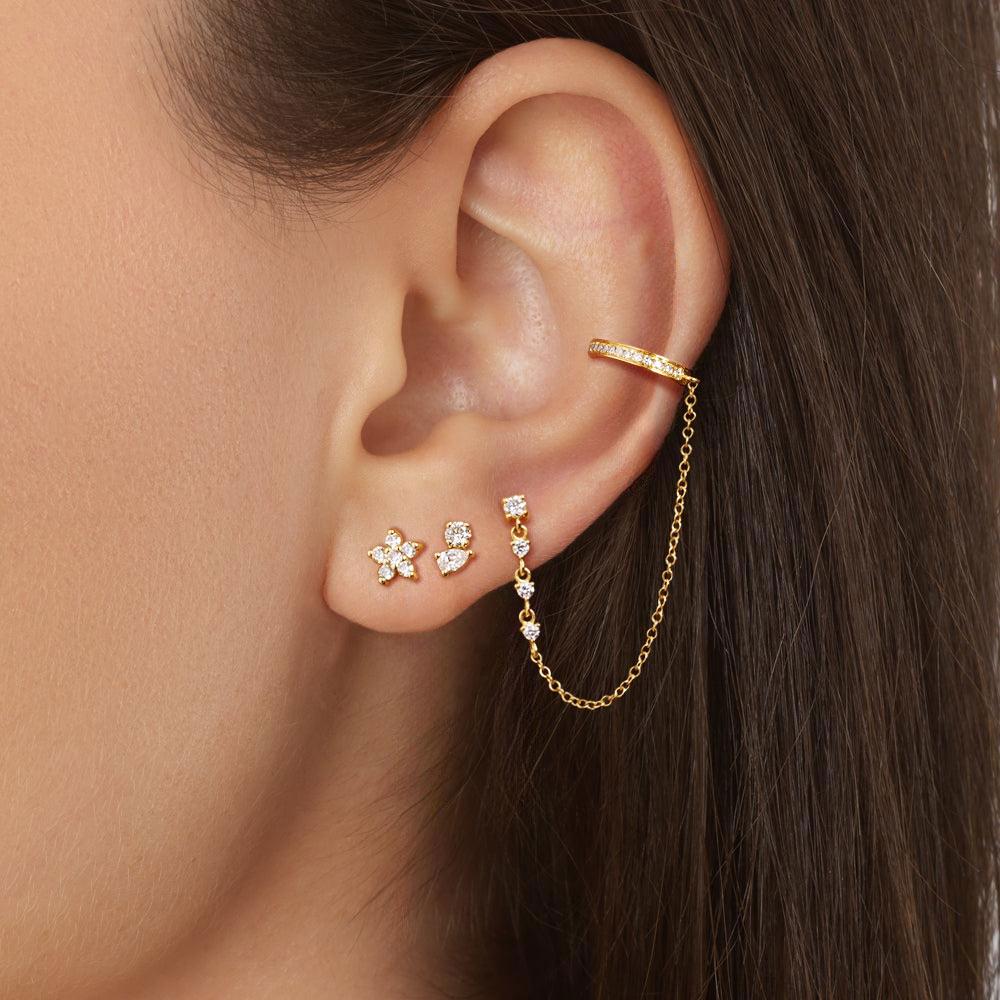 Tewiky 14K Gold Plated Four Pairs of Earrings Cubic Zirconia Flower Studs Asymmetrical Spaced Hoop Ear Cuff Gift for Valentine's Day