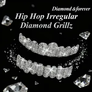 Diamond Grillz unisex 8-Tooth Micro-Paved Zircon Full Coverage Iced Out Luxury Statement Hip Hop Party Nightclub Performance