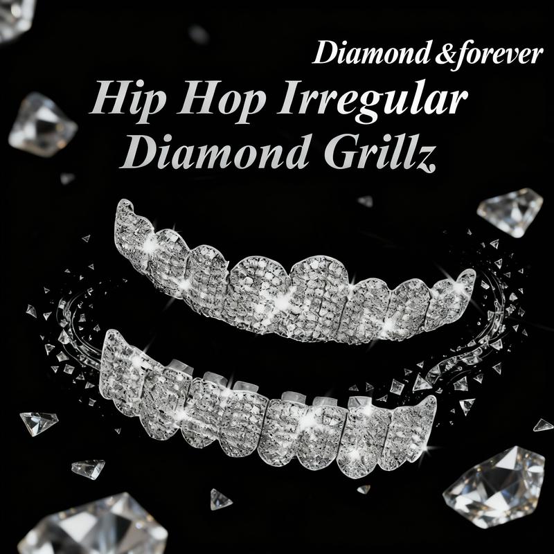 Diamond Grillz unisex 8-Tooth Micro-Paved Zircon Full Coverage Iced Out Luxury Statement Hip Hop Party Nightclub Performance