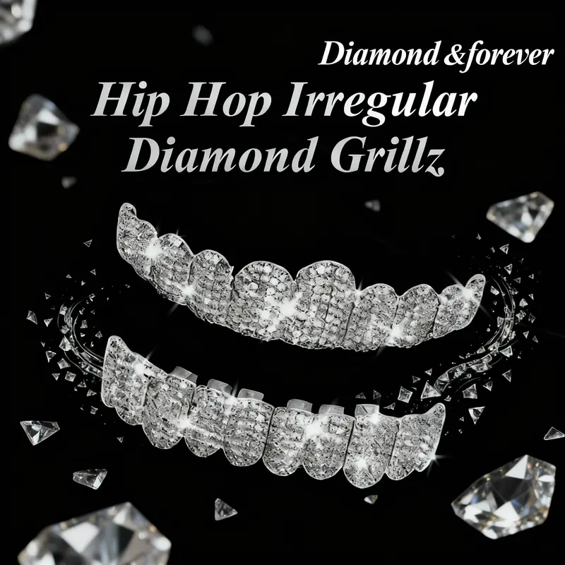 Diamond Grillz unisex 8-Tooth Micro-Paved Zircon Full Coverage Iced Out Luxury Statement Hip Hop Party Nightclub Performance
