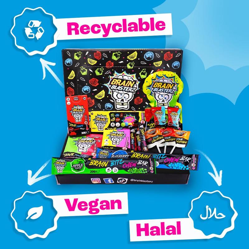 Brain Blasterz Christmas Candy Gift Box – Extreme Sour Candy Variety Pack - 14pc Holiday Collection with Lollipops, Taffy & Powder – Vegan & Halal – Fun Xmas Present, Stocking Stuffer, Birthday Treats