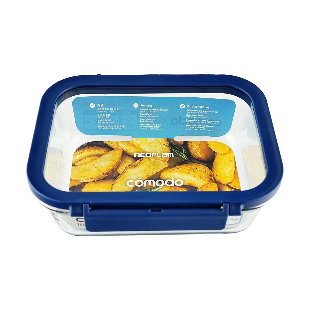 NEOFLAM COMODO Rectangular Glass Food Container 1000ml - Borosilicate Heat-Resistant, Airtight, Leak-Proof, Reusable Lunch Box for Meal Prep & Storage