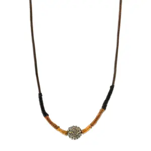 Black Diamond Fireball Crystal Brown Leather Cord Linen Wrapped Necklace 28"