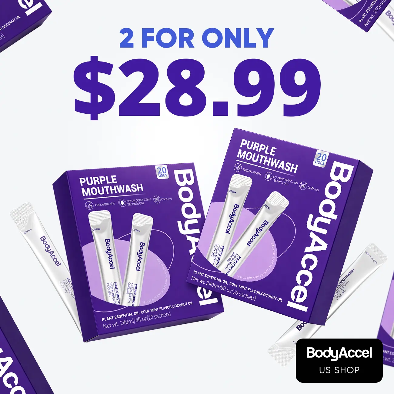 【BodyAccel】Purple Mouthwash For Teeth Whitening, Freshens Breath, Gum Health, Hydrating, Anti-Bad Breath & Plaque, Alcohol-Free, Mint Flavor Travel Portable Pack (20 Sachets) #backtoschool