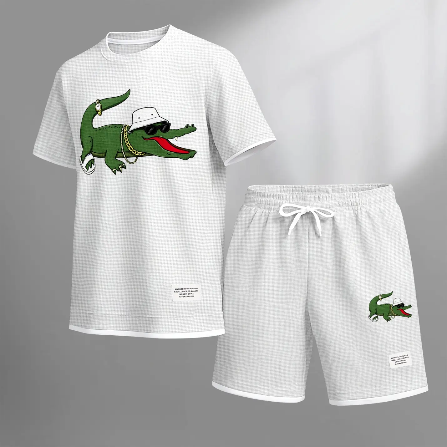 Men's summer matching set with fun print design, short-sleeve top, and drawstring shorts. Lightweight, breathable, and easy to wear. Great for gym, running, lounging, vacation, and everyday casual outfits.